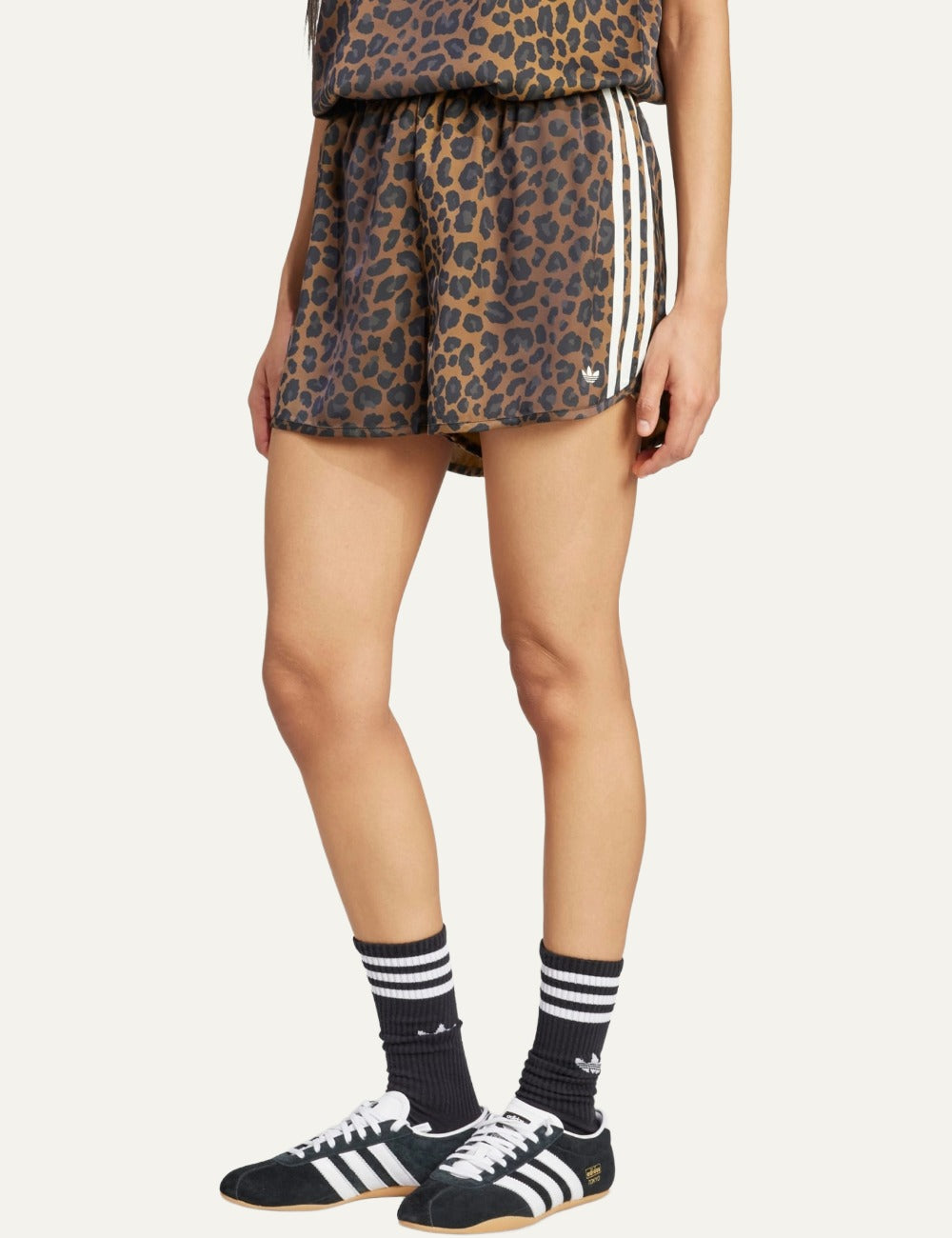 Adidas Originals animal print satin shorts worn look front KA2673