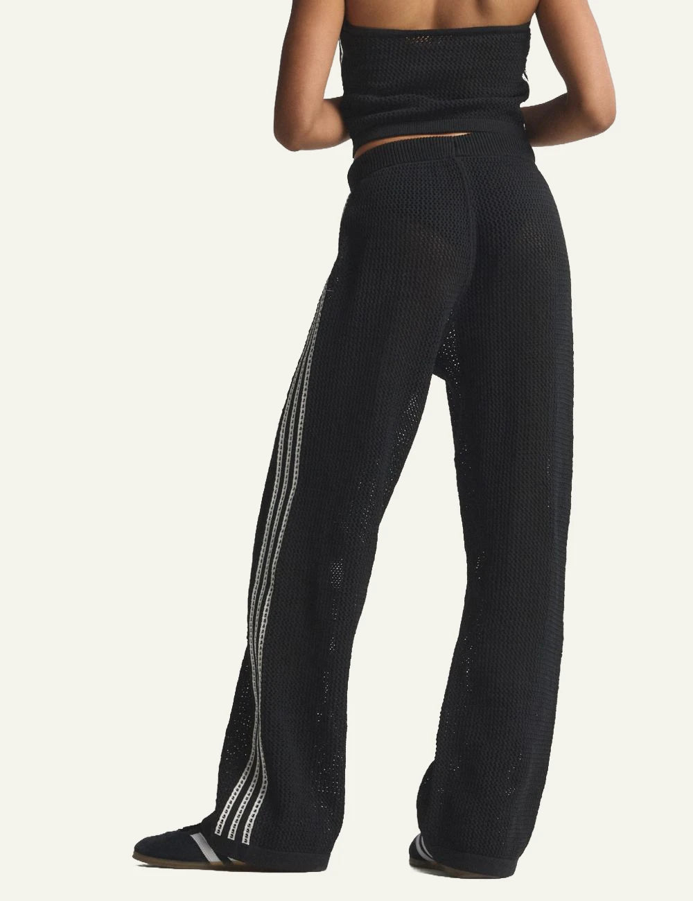 Adidas Firebird knit pants black mesh stripes wide leg front back view