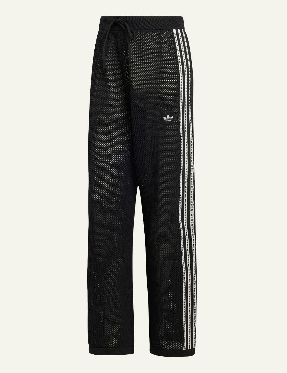 Adidas Firebird knit pants black mesh stripes wide leg front flat view