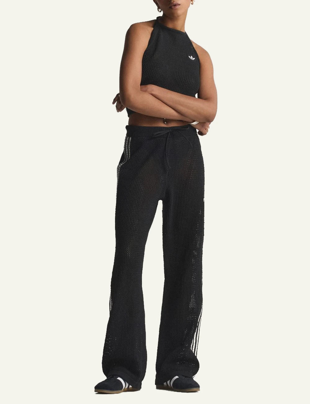 Adidas Firebird knit pants black mesh stripes wide leg front full body view