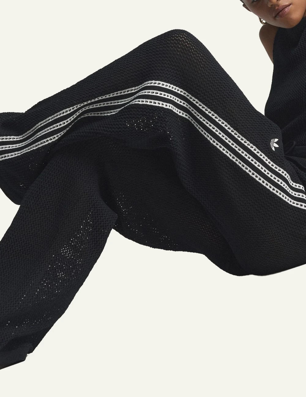 Adidas Firebird knit pants black mesh stripes wide leg front moved view