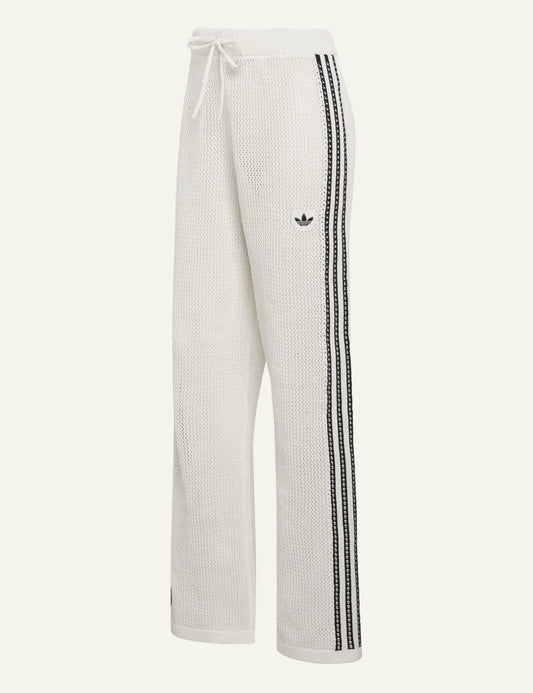 Adidas Firebird knit pants off white mesh stripes wide leg front flat view