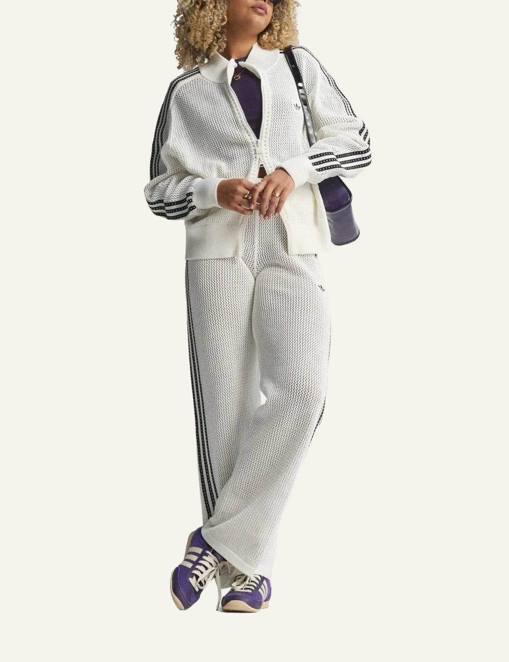 Adidas Firebird knit pants off white mesh stripes wide leg front full body view