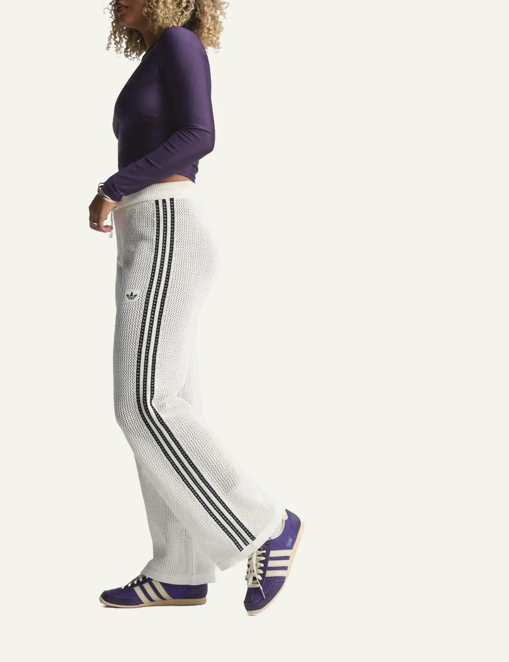 Adidas Firebird knit pants off white mesh stripes wide leg side view