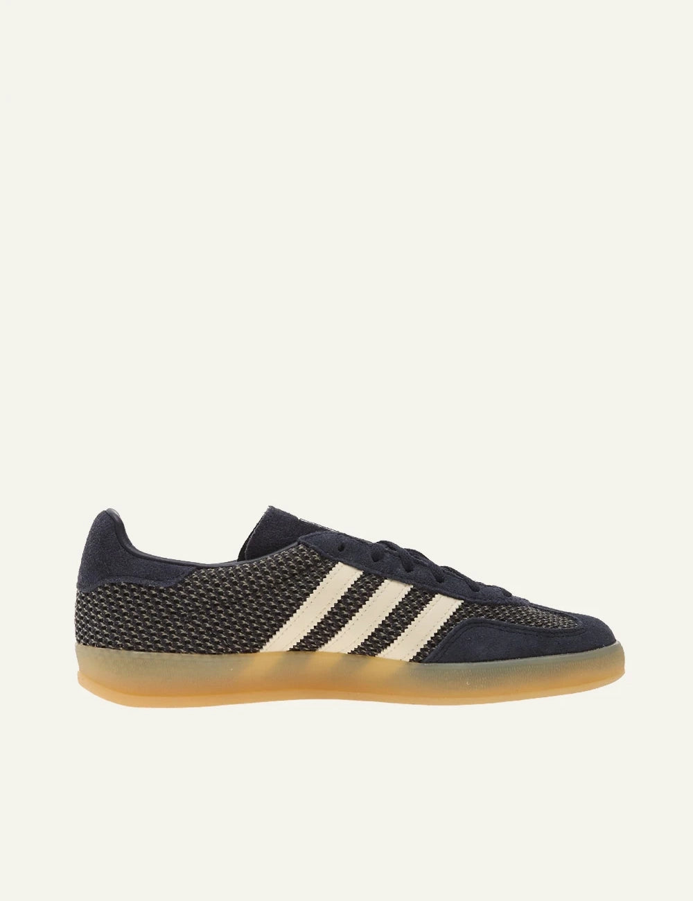 didas Gazelle Indoor W navy suede sneakers cream stripes profile view