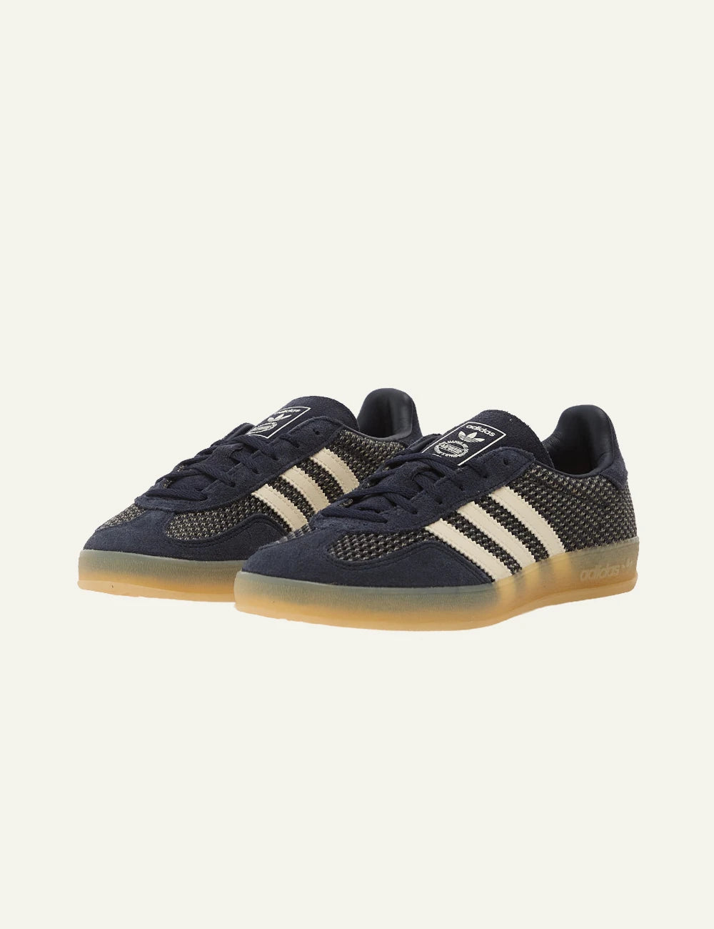 didas Gazelle Indoor W navy suede sneakers cream stripes angled view