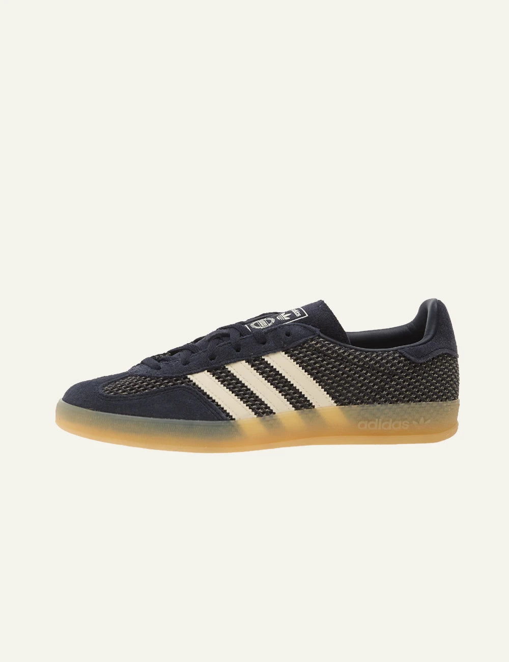 didas Gazelle Indoor W navy suede sneakers cream stripes side view