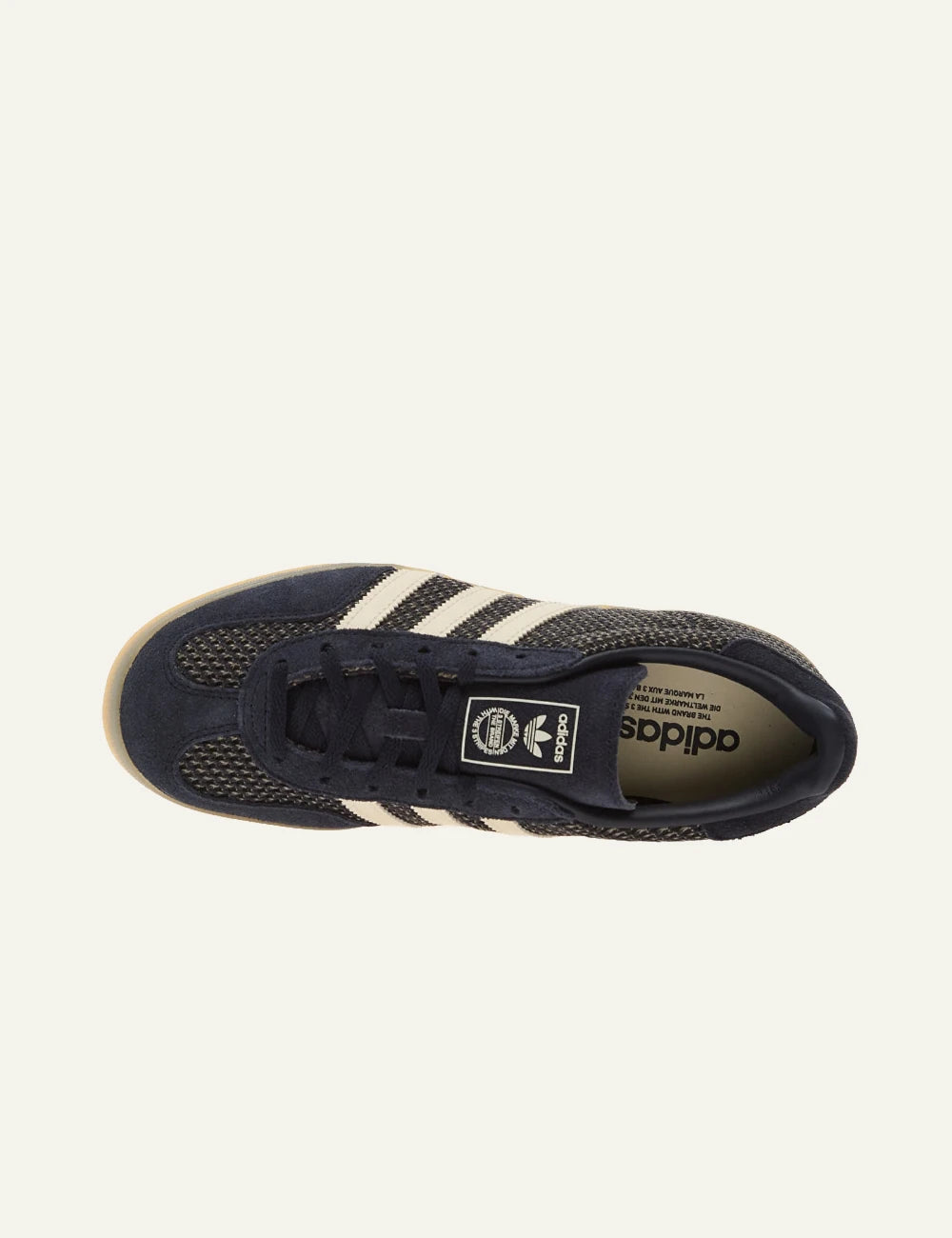didas Gazelle Indoor W navy suede sneakers cream stripes top view