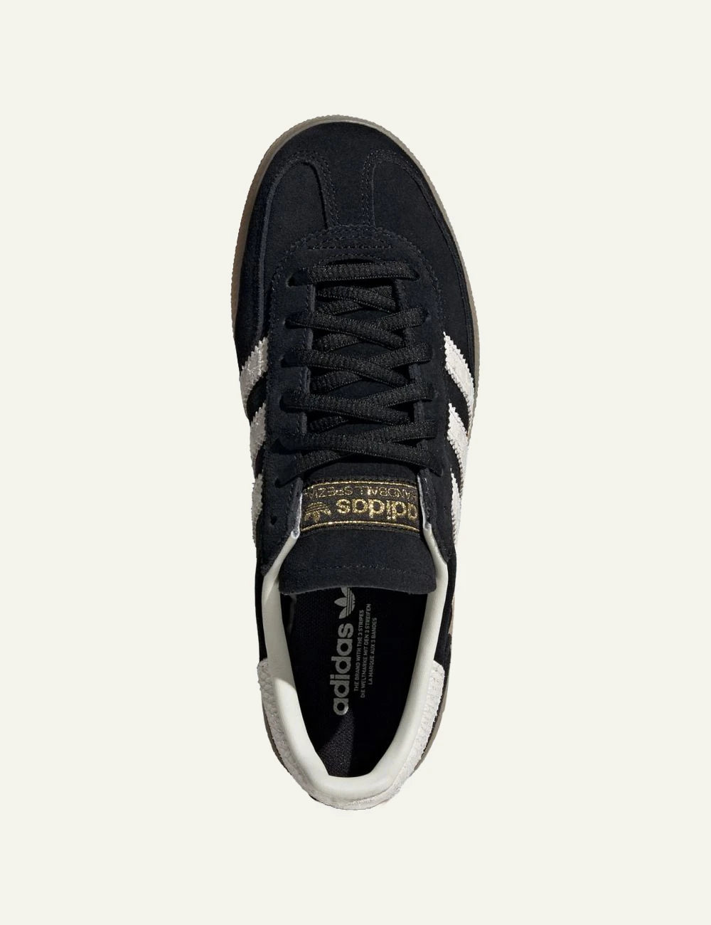 Adidas Handball Spezial black leather sneakers white stripes top view