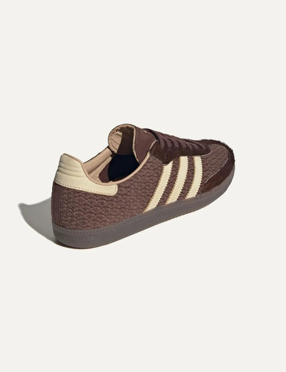 Adidas women's Samba OG brown sneakers with woven textile upper, textured leather overlays and beige stripes back