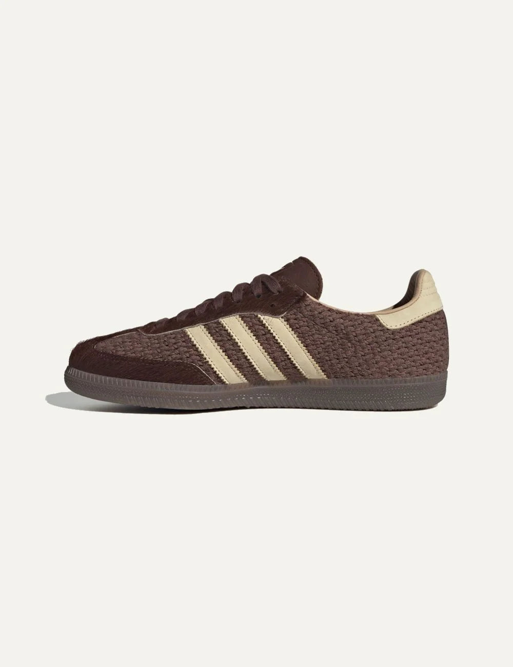 Adidas women's Samba OG brown sneakers with woven textile upper, textured leather overlays and beige stripes profile