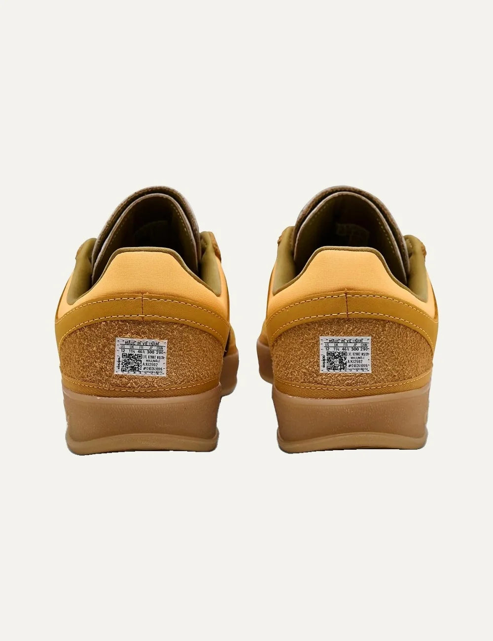 Bad Bunny x Adidas men's Gazelle Indoor sneakers in solar gold suede and leather with black stripes and gum sole back