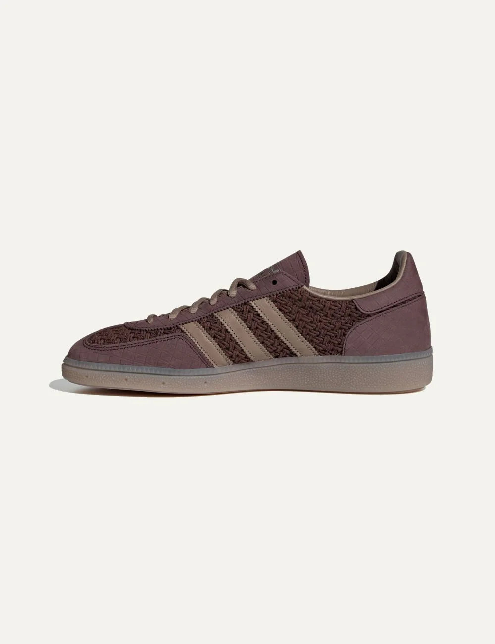 Adidas women's Handball Spezial brown sneakers with woven cotton mesh, nubuck overlays and beige leather stripes profile