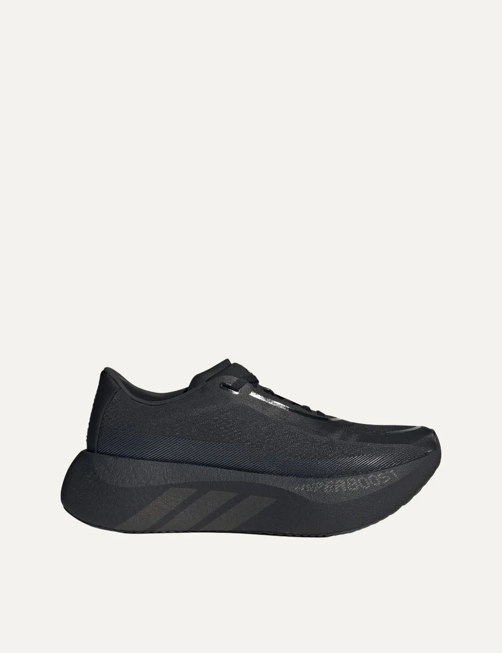 Adidas Originals Hyperboost Edge black running shoes with lace-up fastening, textile upper, chunky cushioned sole and tonal three-stripe branding.