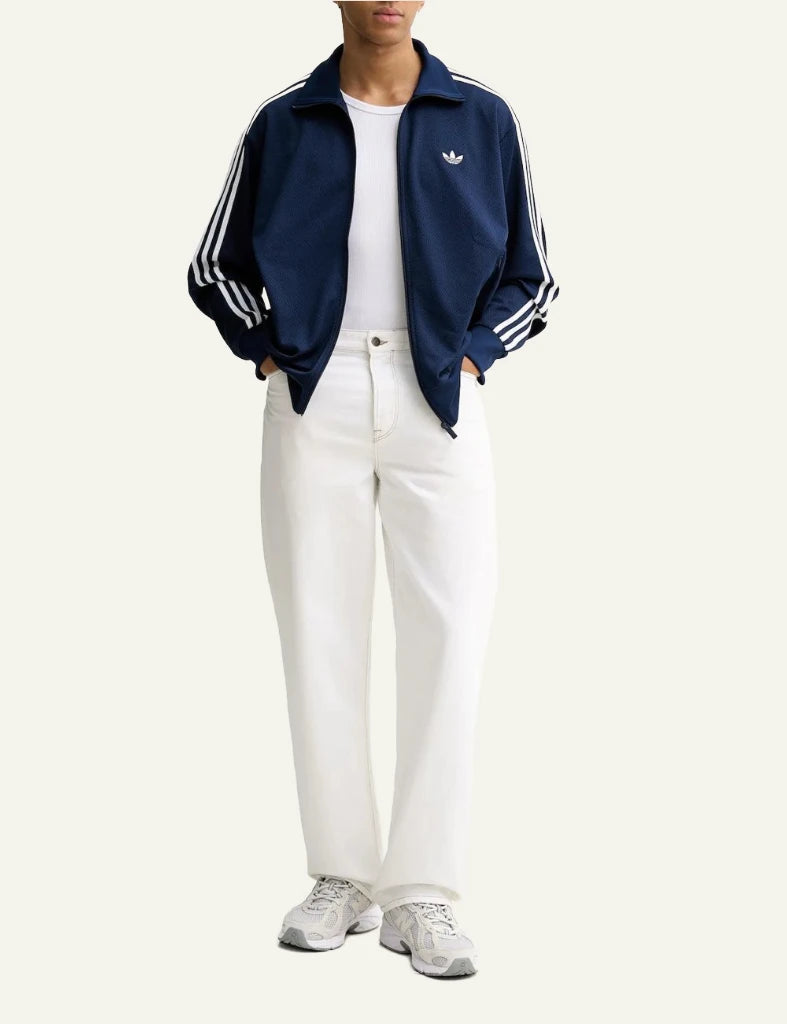 adidas navy zip track jacket stripes front full body view