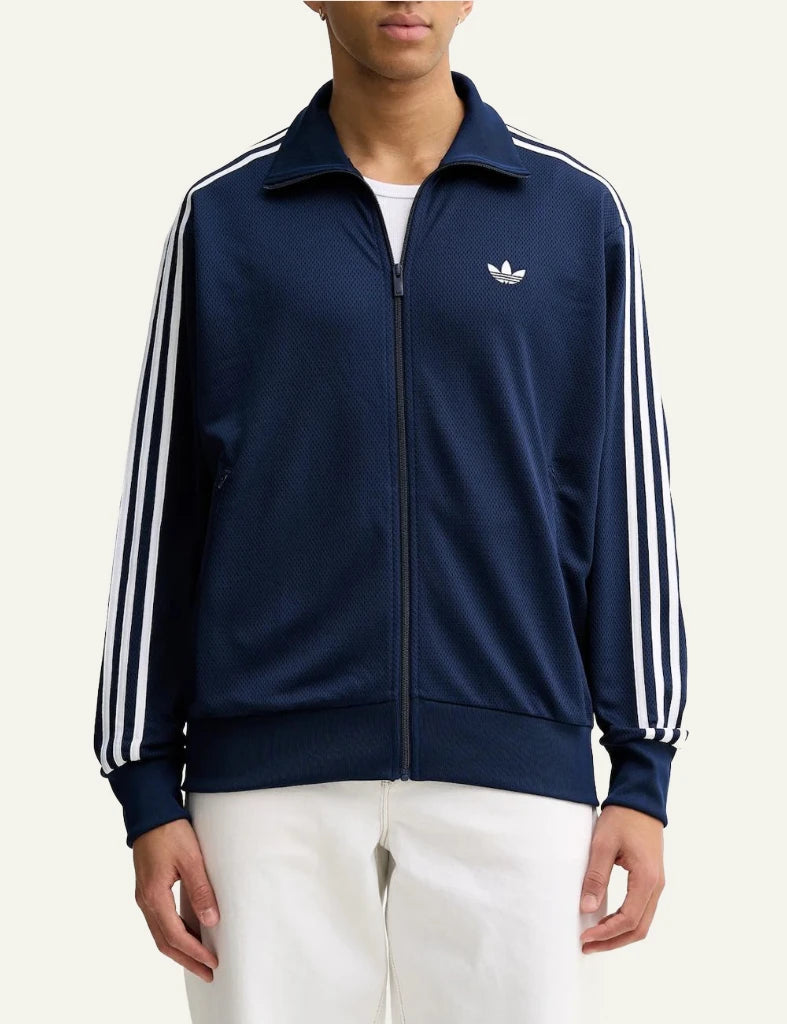adidas navy zip track jacket stripes front view