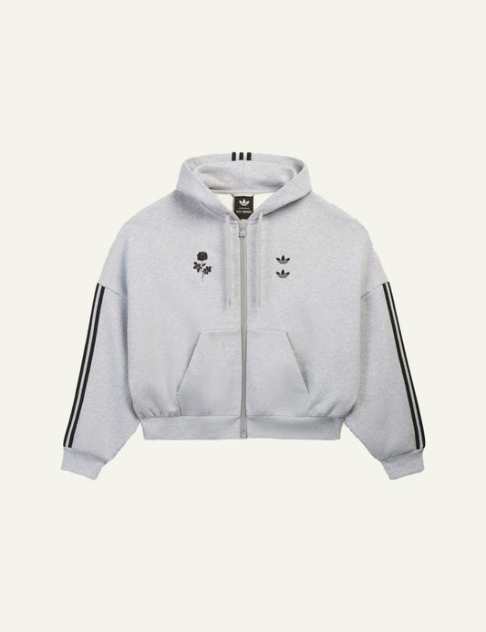 adidas Originals Chavarria full zip hoodie grey oversized logo stripes front flat view