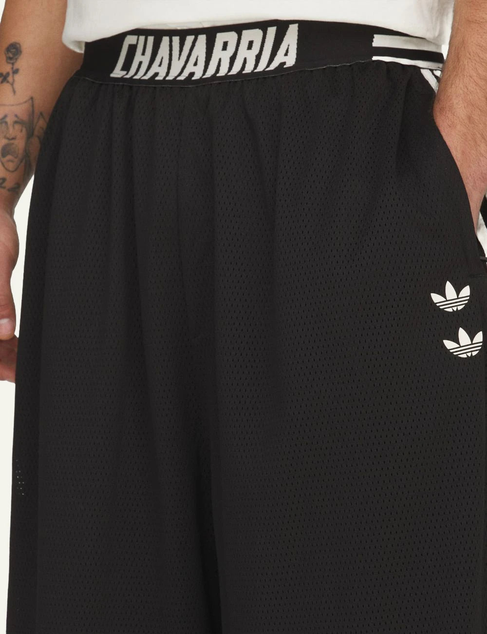 adidas Originals Chavarria mesh shorts black side stripes logo waistband front detail view