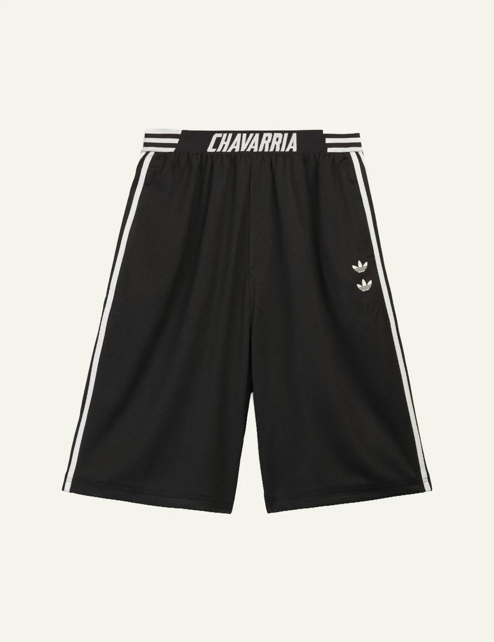adidas Originals Chavarria mesh shorts black side stripes logo waistband front flat view