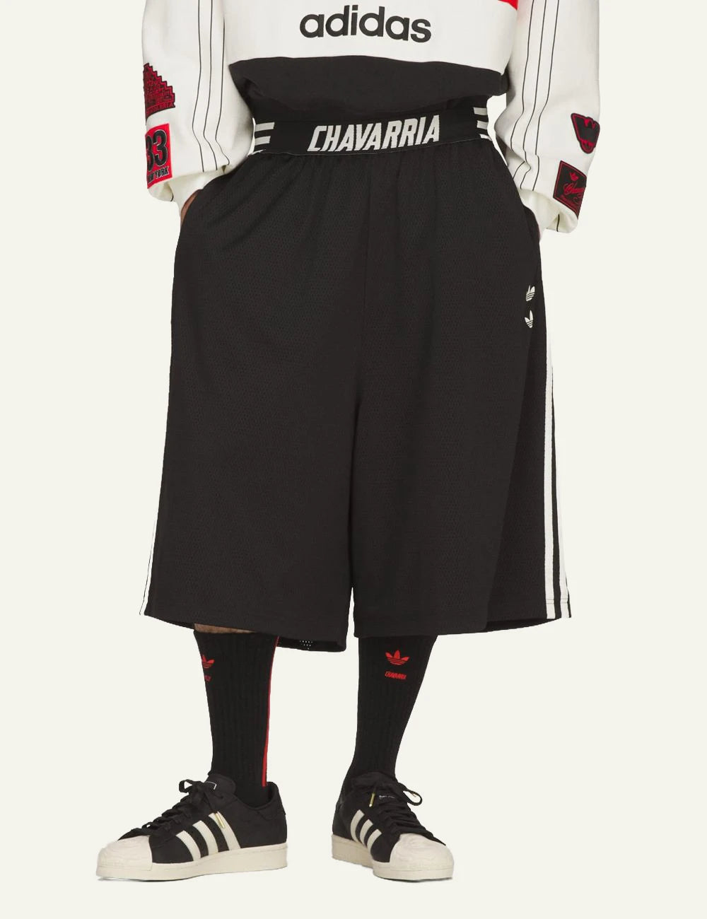 adidas Originals Chavarria mesh shorts black side stripes logo waistband front model view