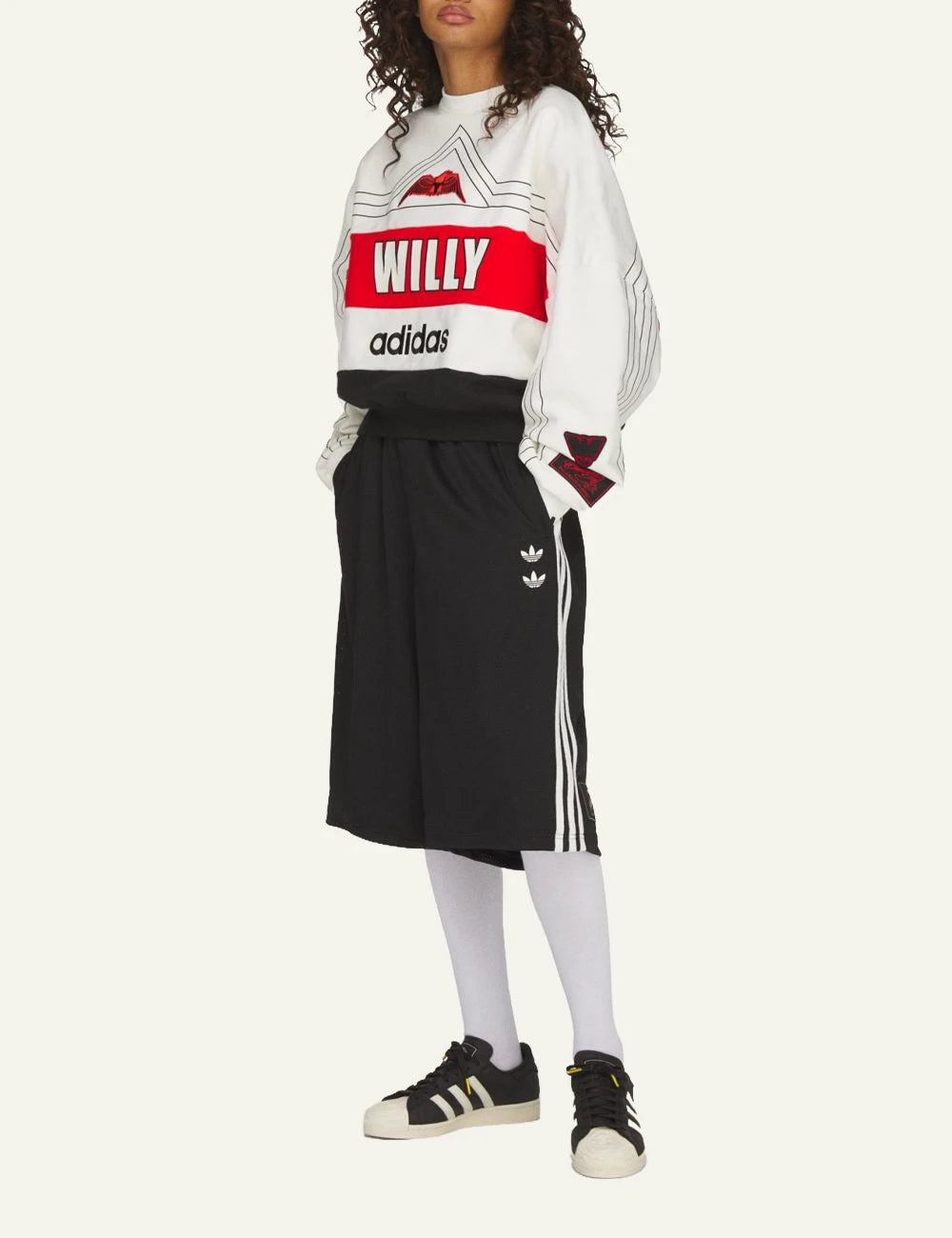 adidas Originals Chavarria mesh shorts black side stripes logo waistband front full body view
