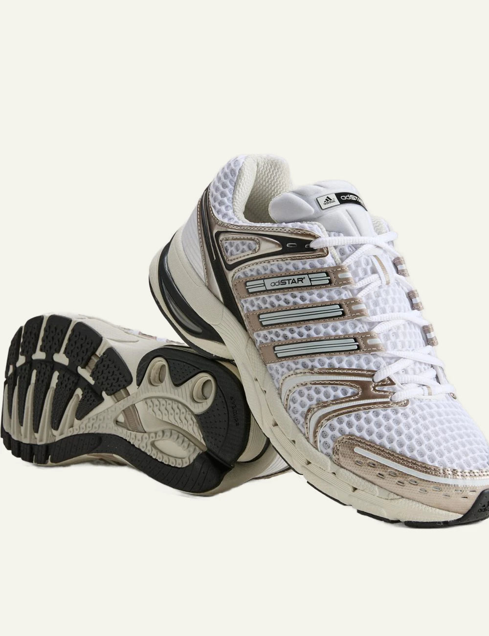 Men's adidas Originals Adistar Control 5 sneakers in white, grey and champagne metallic angled
