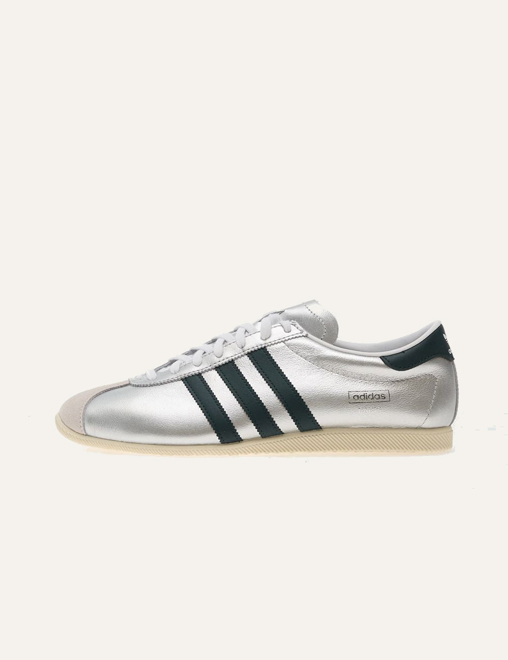 adidas originals silver leather sneakers grey profile view three stripes