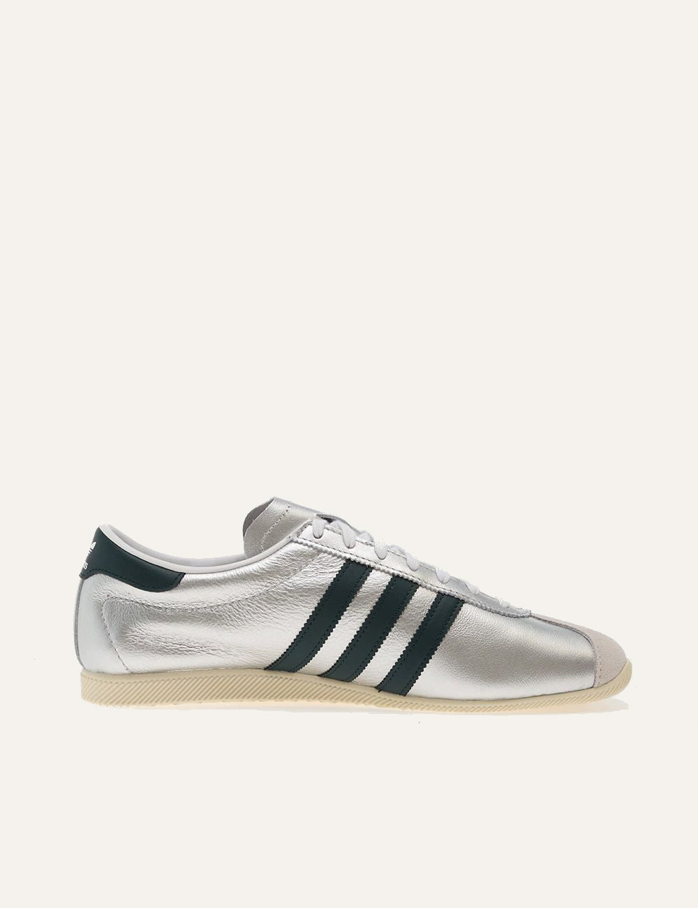 adidas originals silver leather sneakers grey side view three stripes