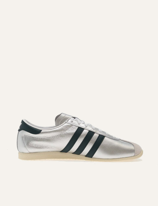 adidas originals silver leather sneakers grey side view three stripes