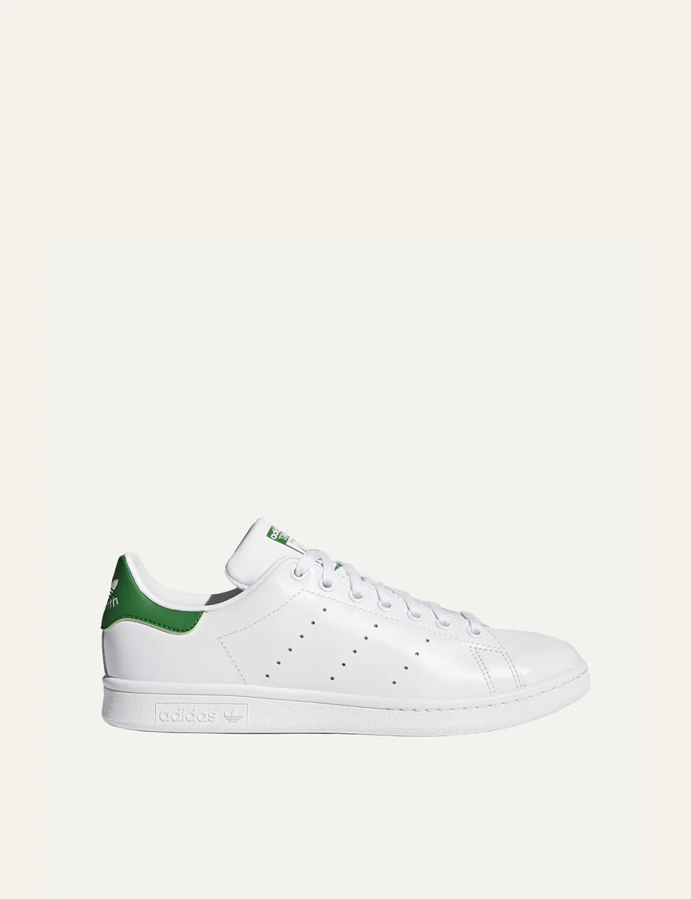 adidas Originals unisex Stan Smith white leather sneakers with green heel detail side view