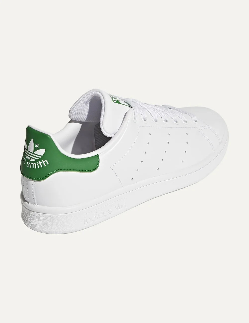 adidas Originals unisex Stan Smith white leather sneakers with green heel detail back view