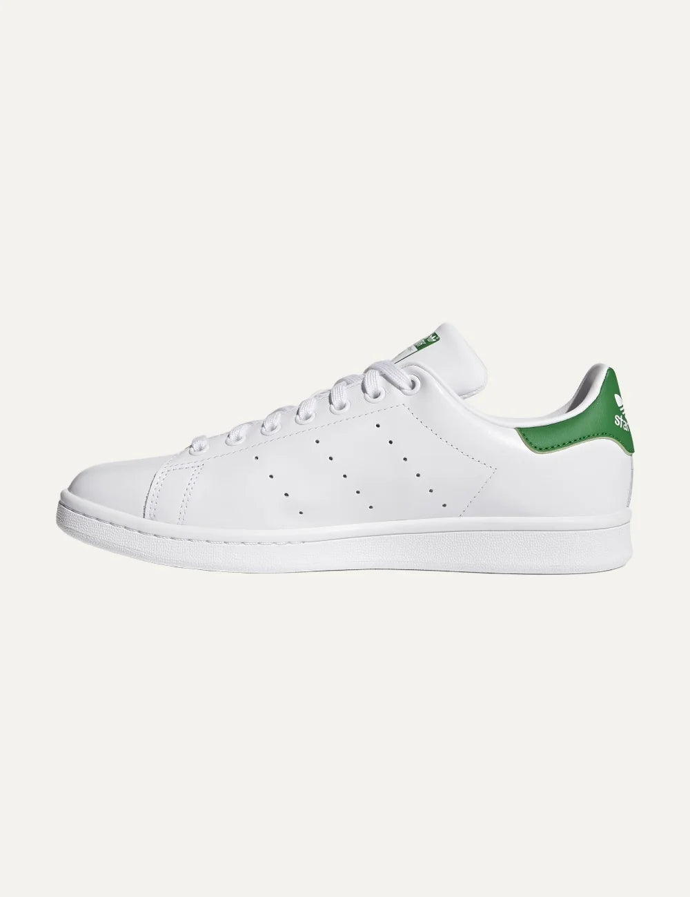 adidas Originals unisex Stan Smith white leather sneakers with green heel detail opposite side view