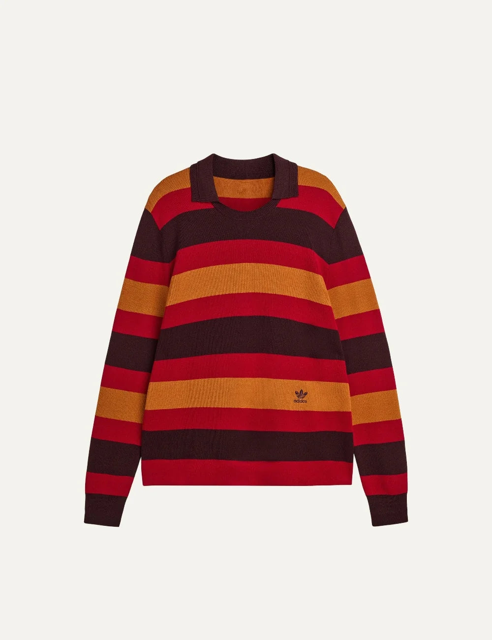 Adidas Originals x Wales Bonner men's striped knit sweater in burgundy, red and orange with layered collar, long sleeves and small Trefoil logo, product shot
