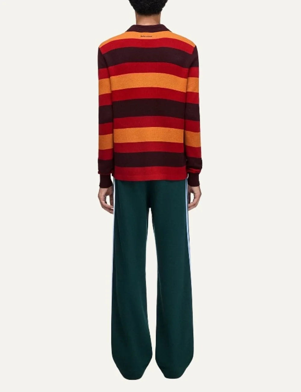 Adidas Originals x Wales Bonner men's striped knit sweater in burgundy, red and orange with layered collar, long sleeves and small Trefoil logo. back iew