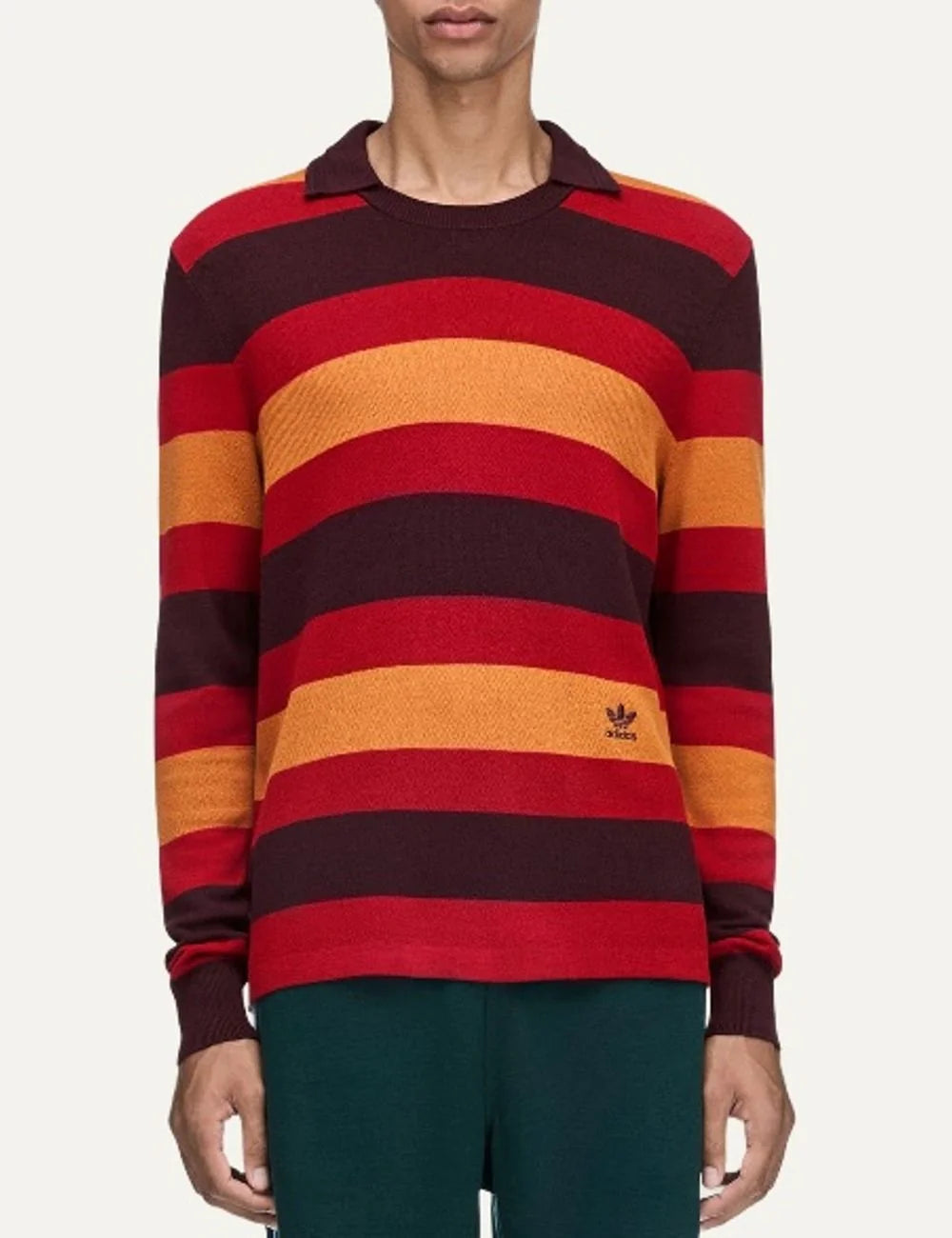 Adidas Originals x Wales Bonner men's striped knit sweater in burgundy, red and orange with layered collar, long sleeves and small Trefoil logo. front view