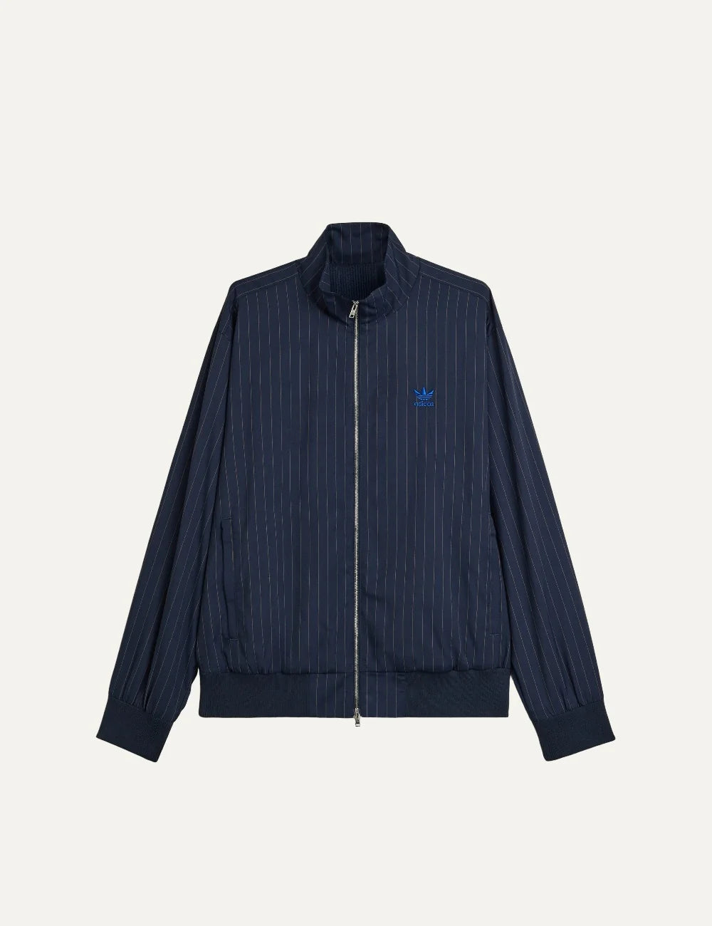 Men's Adidas Originals x Wales Bonner navy blue pinstripe track jacket with stand collar, blue Trefoil logo and front zip closure, product shot