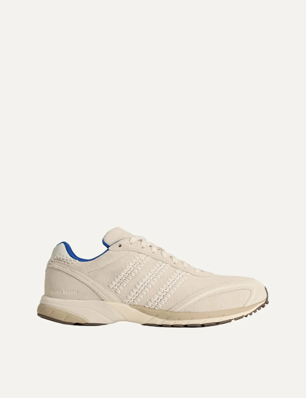 Unisex Adidas Originals x Wales Bonner Adizero Adios suede sneakers in wonder white with braided three stripes, blue accents and brown outsole, side view