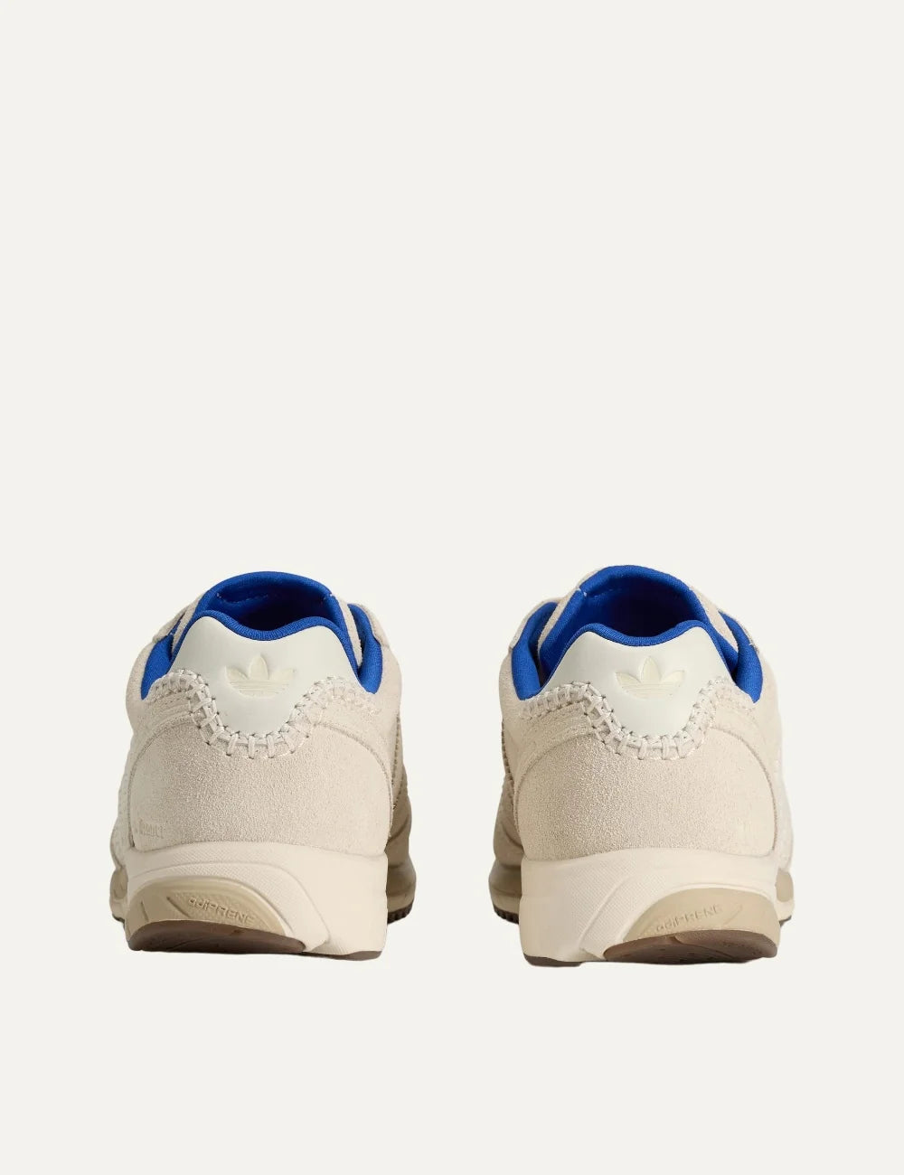 Unisex Adidas Originals x Wales Bonner Adizero Adios suede sneakers in wonder white with braided three stripes, blue accents and brown outsole, back view