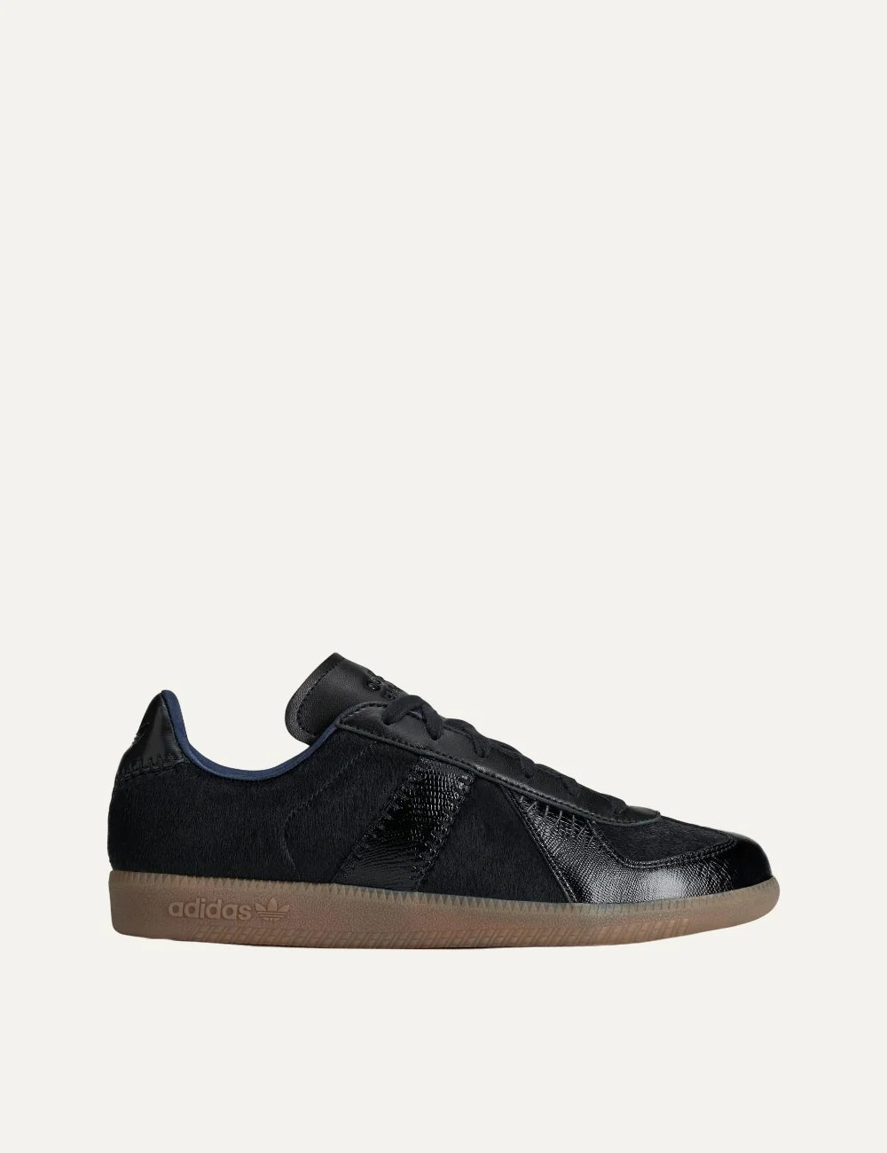Unisex Adidas Originals x Wales Bonner Karintha BW Army black leather sneakers with pony hair texture, embossed panels and gum sole, side view
