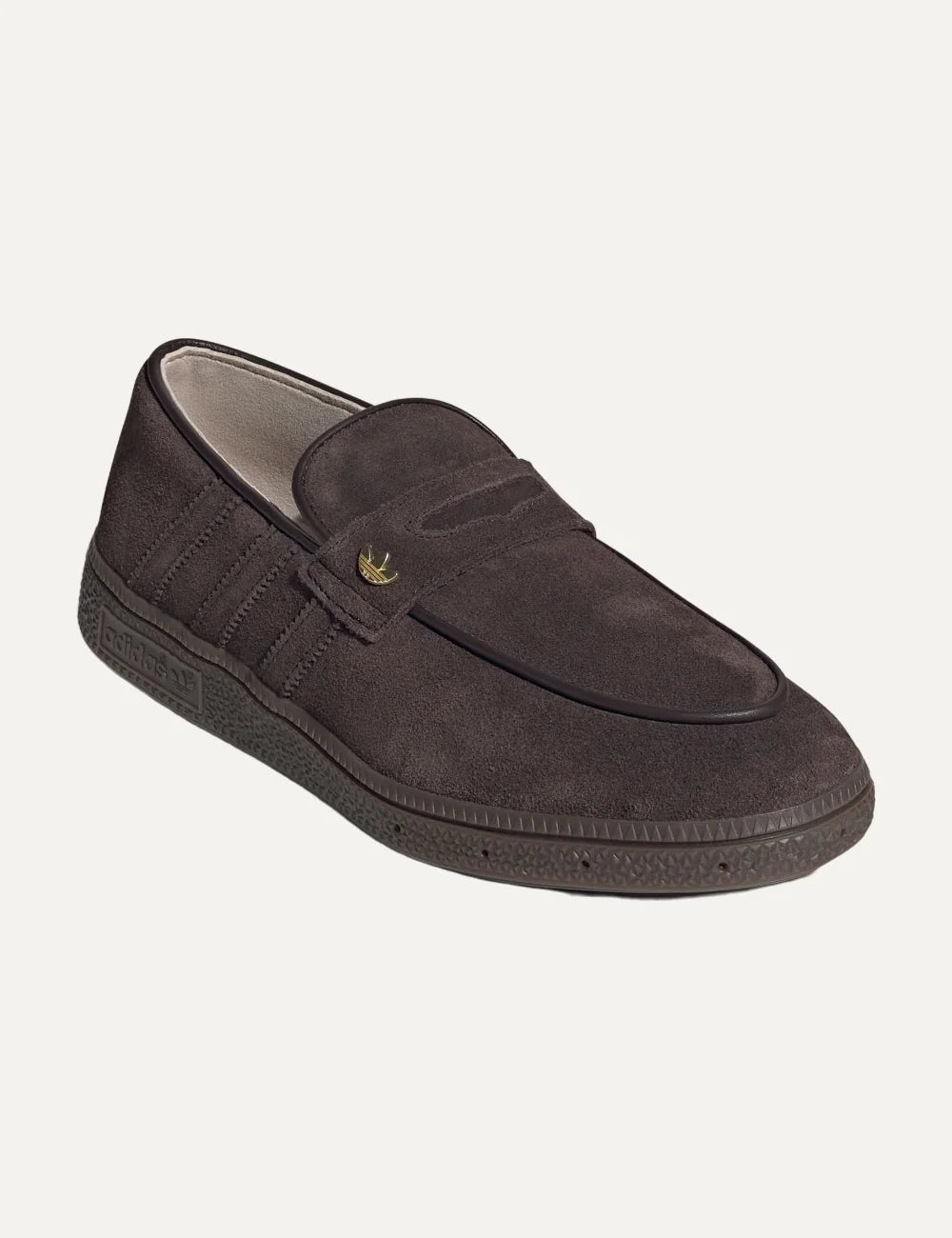 adidas Originals women Handball Spezial dark brown suede loafers with gold Trefoil logo angled