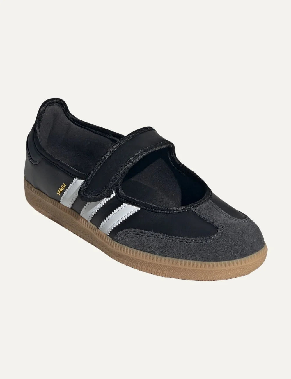 adidas Originals women Samba Jane black leather ballet flats with white stripes and gum sole angled