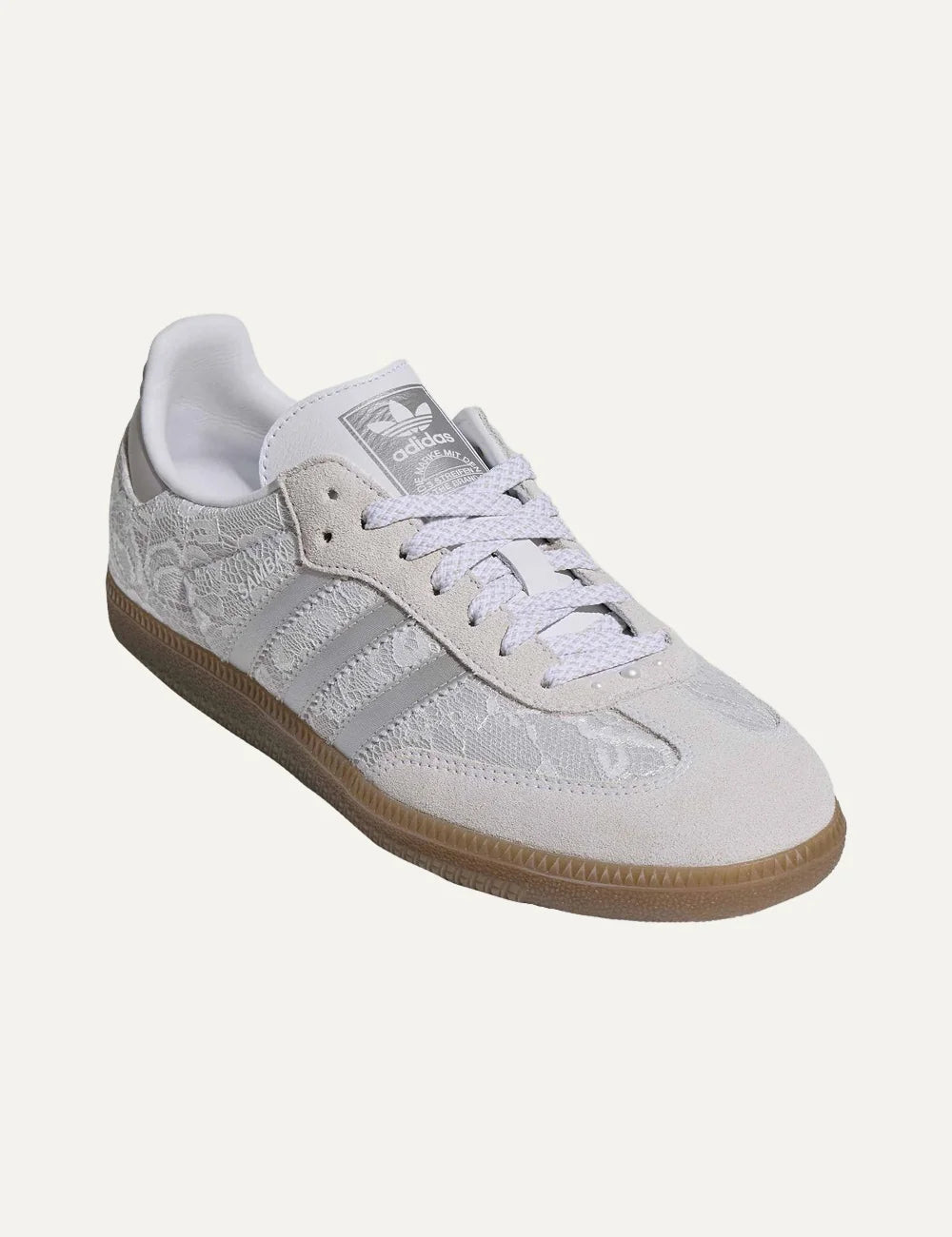 adidas Originals women Samba white lace and suede sneakers with 3-Stripes and gum rubber sole angled