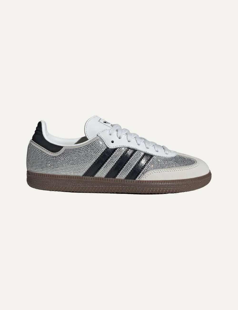 adidas Originals women Samba OG Crystal White sneakers with Silver Metallic rhinestone details, black 3-Stripes and gum sole
