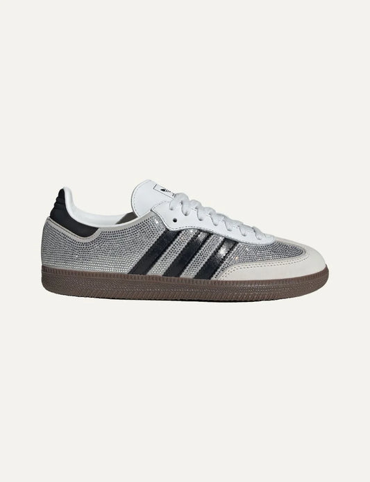adidas Originals women Samba OG Crystal White sneakers with Silver Metallic rhinestone details, black 3-Stripes and gum sole