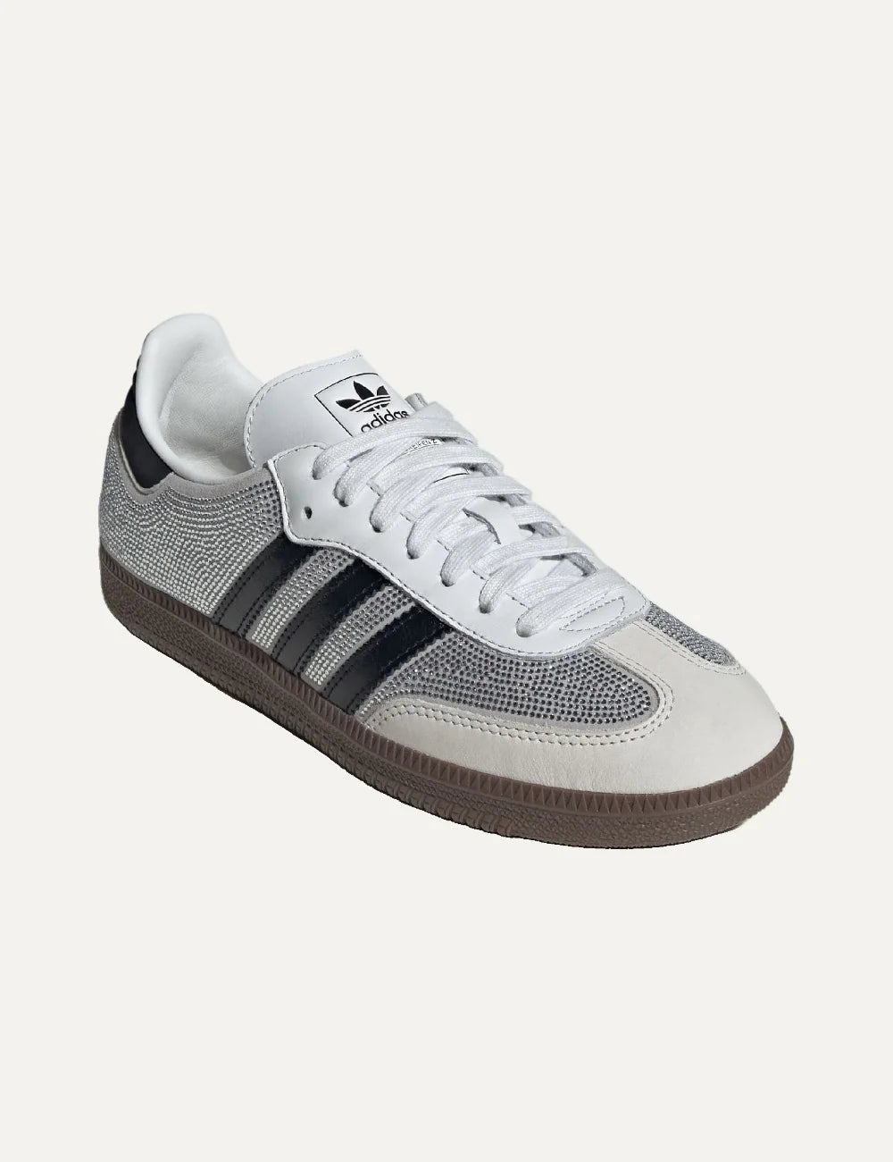 adidas Originals women Samba OG Crystal White sneakers with Silver Metallic rhinestone details, black 3-Stripes and gum sole angled