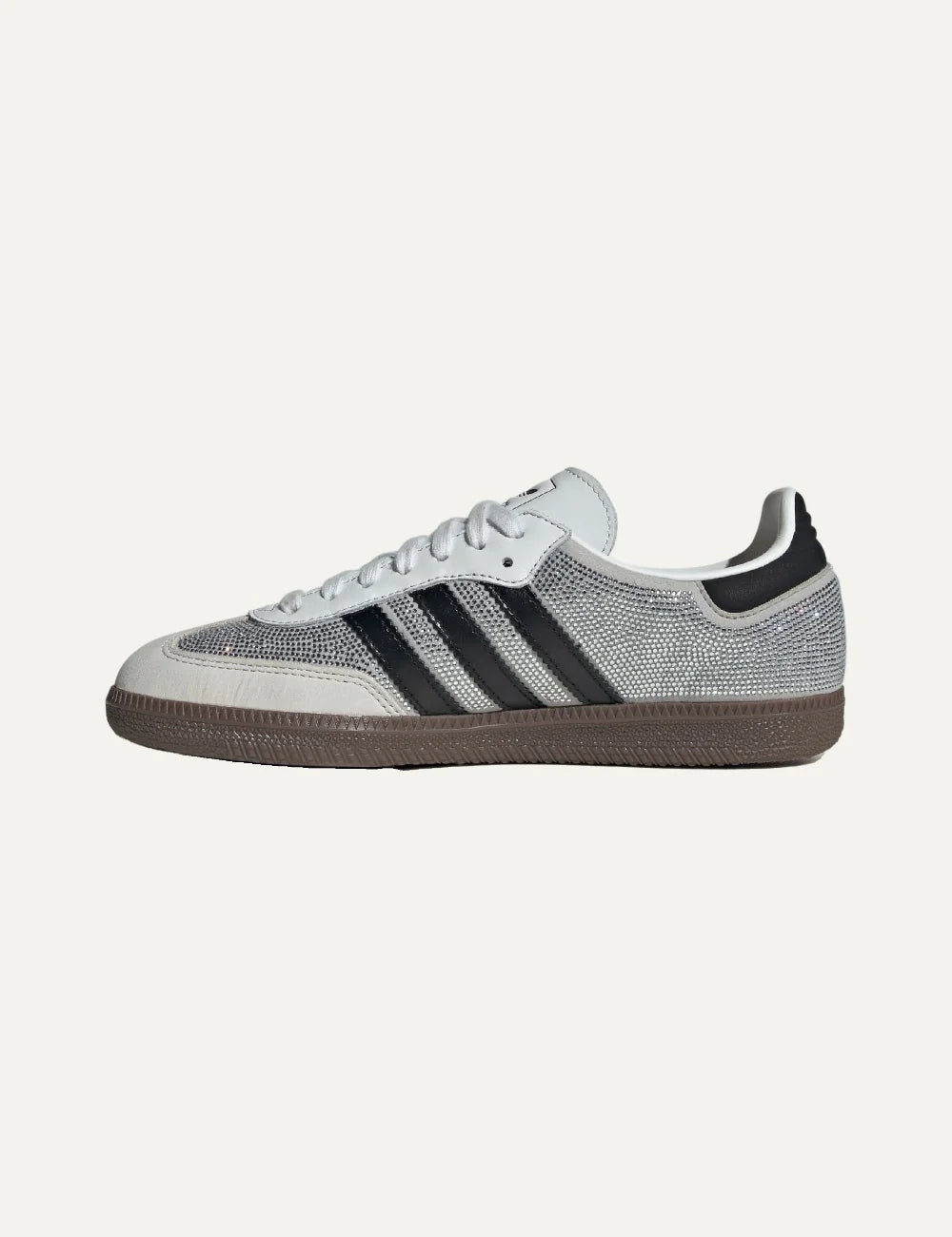 adidas Originals women Samba OG Crystal White sneakers with Silver Metallic rhinestone details, black 3-Stripes and gum sole profile