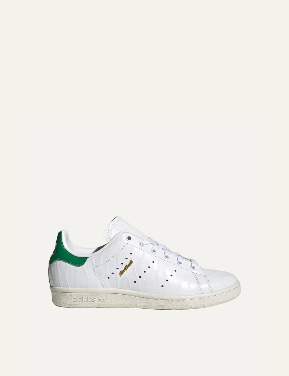 adidas Originals women Stan Smith 80s white croc-effect leather sneakers with green and gold details side view