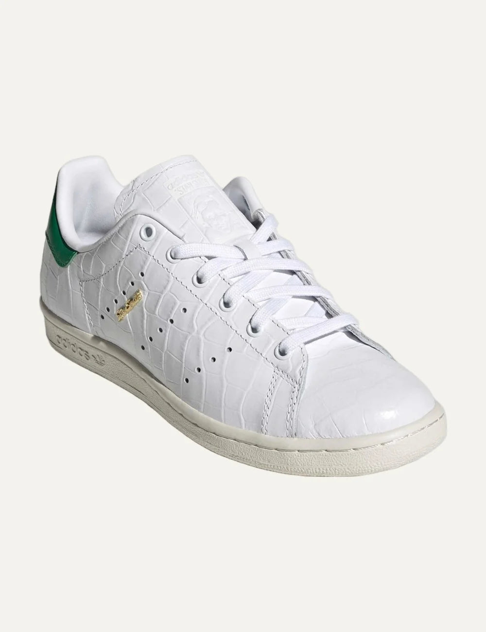 adidas Originals women Stan Smith 80s white croc-effect leather sneakers with green and gold details front angl view