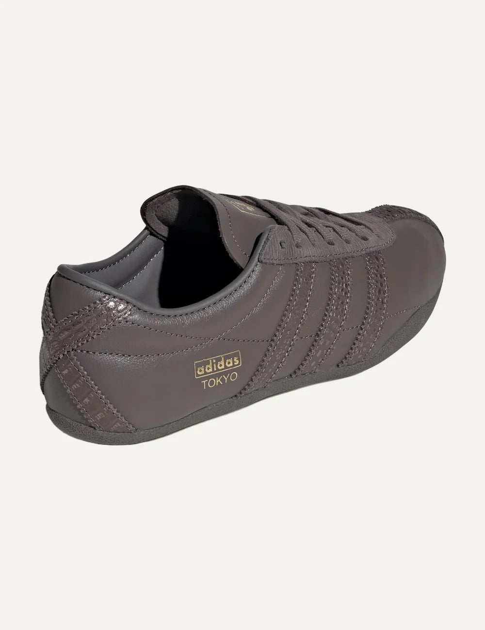 adidas Originals women Tokyo charcoal leather sneakers with textured stripes and gold logo back