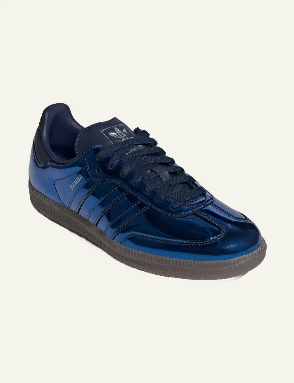 Women's Adidas Originals Samba OG sneakers in metallic Night Indigo blue with gum sole angled